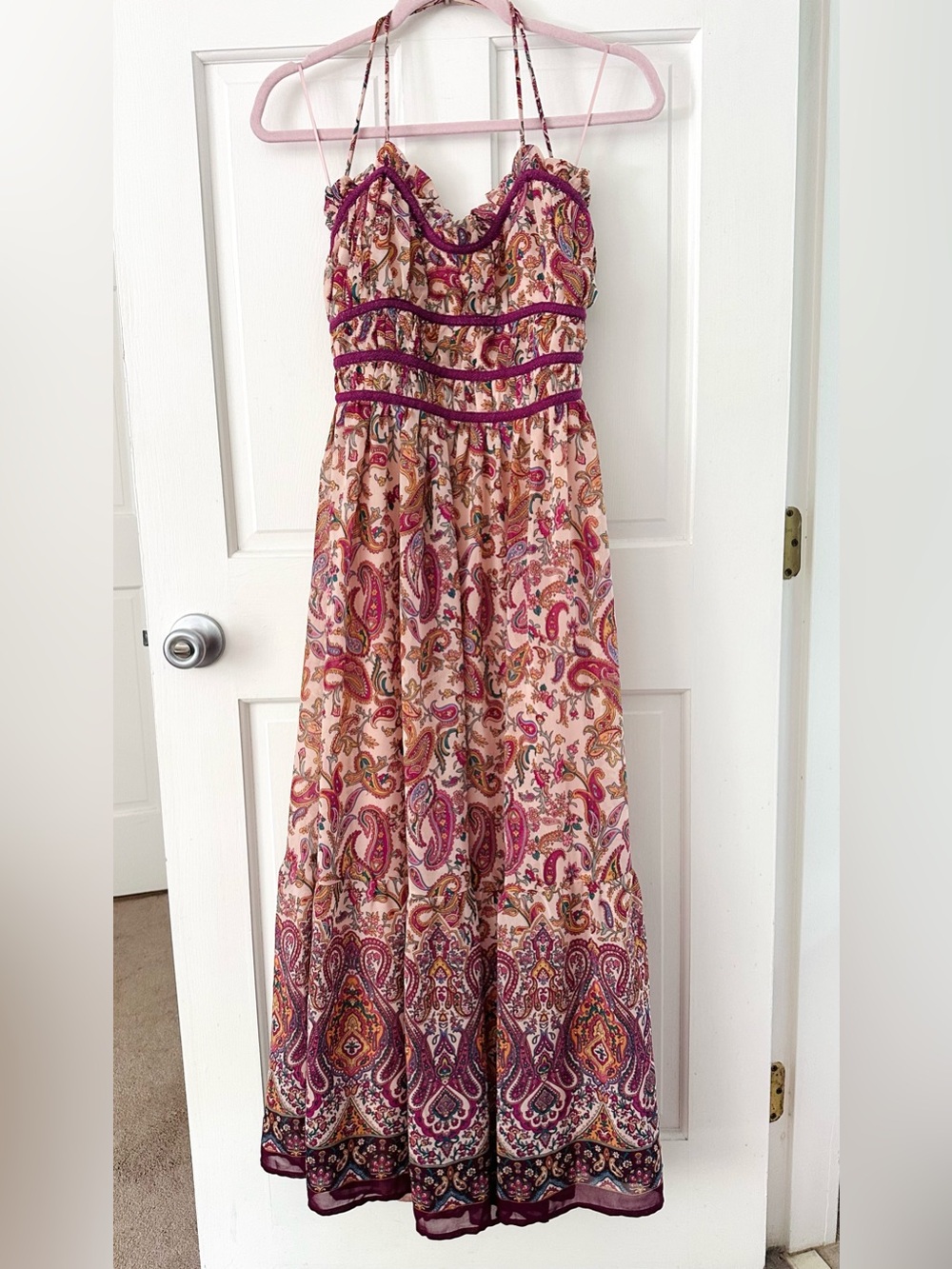 DRESS FORUM Bohemian Paisley Maxi Dress Purple Pink Ruffle Tie-back Size M